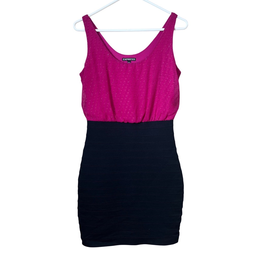 Y2K Express Womens Magenta Pink Black Clip Dot Bandage Bodycon Mini Dress XS